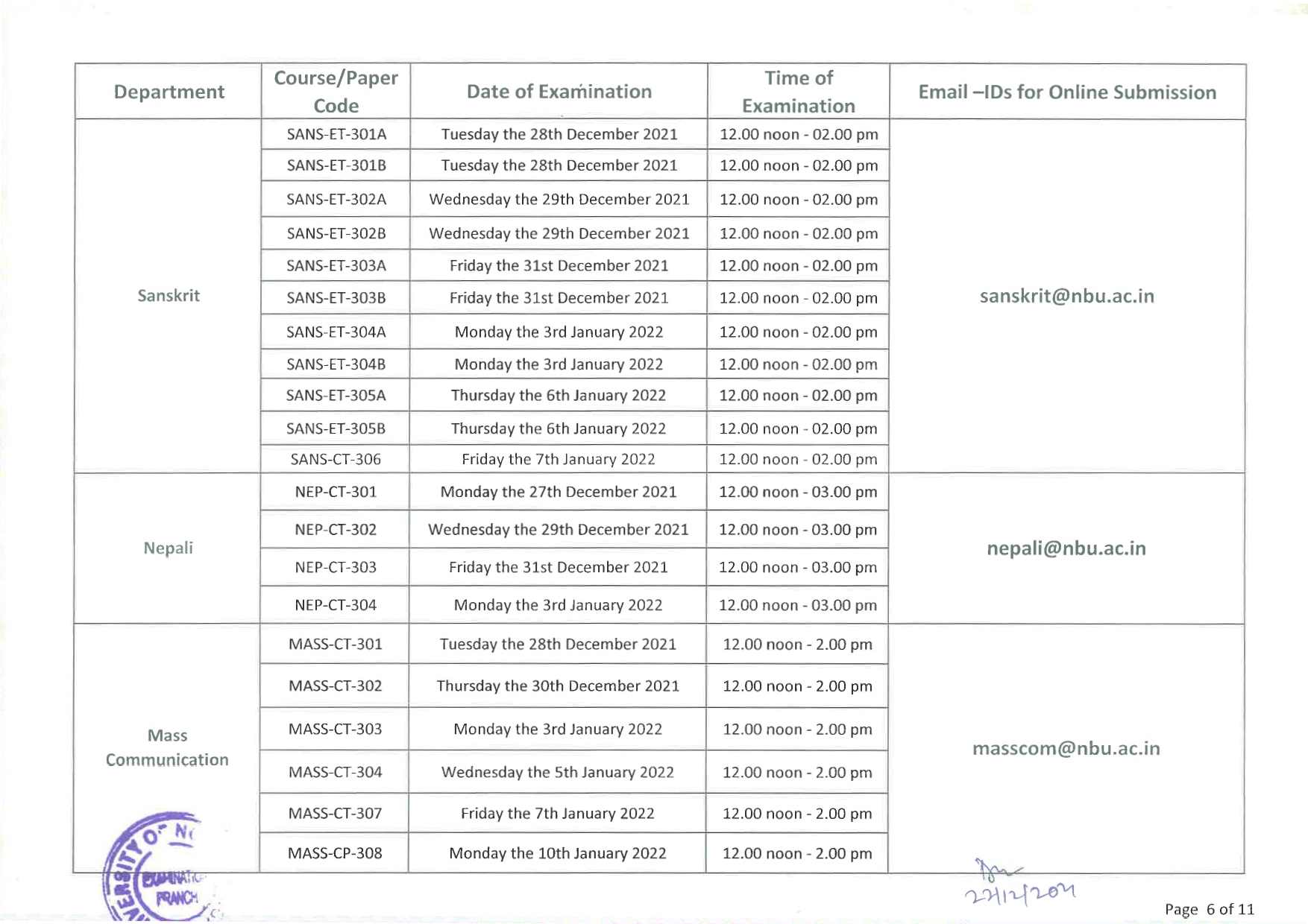 EXAM SCHEDULE FOR LL.M SEMESTER III (PAGE 6)
